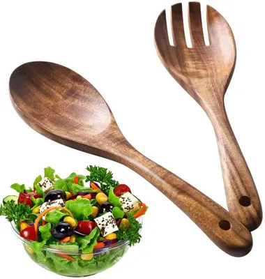 Produktbild von Salatbesteck Holz Löffel Gabel, Holzbesteck Salatgabel Salatlöffel Küchenhelfer, Handgemacht Besteck Geschirr Mischen für Salat, Pasta, Obst, Küchenutensilien (2er Set)