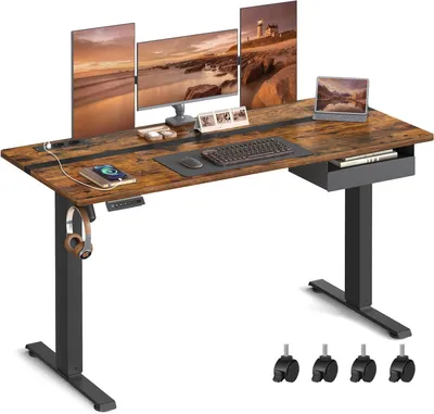 Zdjęcie produktu dla Biurko z regulacją wysokości - Elektryczne biurko - Ergonomiczna praca - Wbudowane gniazdko elektryczne - 160 x 70 cm - Kolor: brązowy, styl vintage
