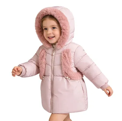 Produktbild von Mädchen Winterjacke Pink 1-4 Jahre winddicht wasserabweisend mit Kunstfellkapuze und Perlen