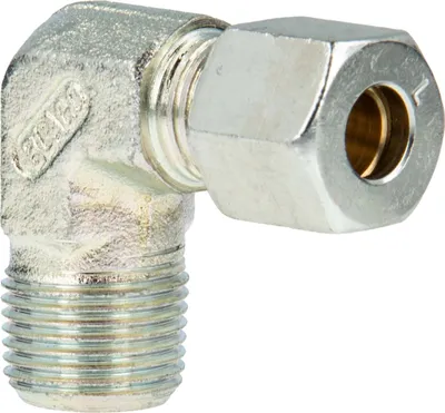 Produktbild von Schneidringverschraubung Typ WERK - 90° Winkel - Verschraubung Ø 8 mm x R 1/2 Zoll AG, Stahl verzinkt, Schneidring Messing