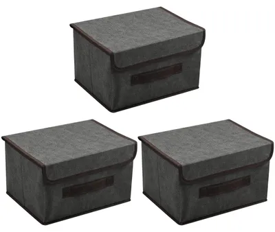 Productafbeelding van Set van 3 opbergboxen van stof met deksel, grijs. Opvouwbare opbergmanden, kleine opbergkubussen van stof met handgrepen. Organizer voor speelgoed en kleding