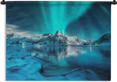 Produktbild von MuchoWow® Wandteppich Wandbehang Nordlicht - Eis - Schnee - Norwegen - Blau - Berge 150x112.50 cm Tapisserie Dekoration Wandtuch - Wanddecke - Wandteppiche