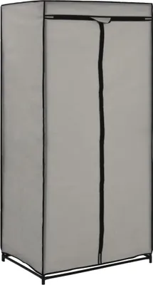 A standalone image of a gray fabric wardrobe with a black zipper.