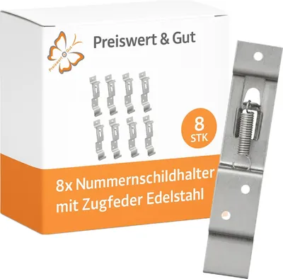 Produktbild von 8x Nummernschildhalter Auto mit Zugfeder Edelstahl Kennzeichen Halter 124x24x17