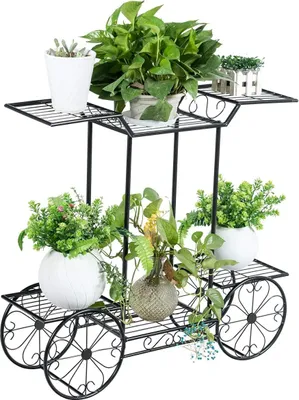 Produktbild von Pflanzenregal Metall, Blumenregal mit 6 Ablagen, Blumenständer mit Rad-Motiv, Dekorative Blumentreppe, Pflanzenständer Witterungsfest für Innen- & Außen, Schwarz