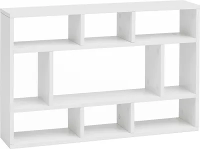 A white, modern, modular wall shelf unit with multiple compartments of varying sizes, displayed against a plain white background.