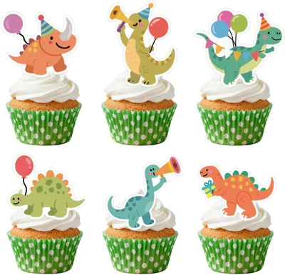 Immagine prodotto di Decorazioni a tema dinosauro per torte - Set da 36 pezzi - Topper per cupcakes - Decorazioni per torte a forma di dinosauro, ideali per feste di compleanno per bambini - Decorazioni per muffin