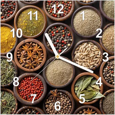 Produktbild von Wanduhr aus Glas mit Motiv Verschiedene Gewuerze- 30 x 30 cm - inkl. Aufhängesystem