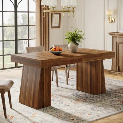 A modern dining room setting with a wooden dining table.