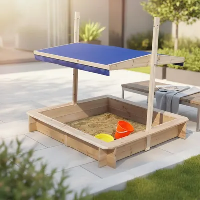 Produktbild von Sandkasten Holz mit verstellbarem Dach Sonnenschutz & Sitzbänken