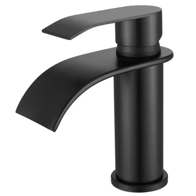 A black waterfall faucet for a sink.