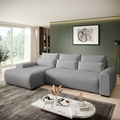 Obrázek produktu pro BEAUTYSOFA | Rohová pohovka BENNY L s rozkládací funkcí a úložným prostorem, látka Bouckle v šedé barvě – podnožka vlevo – moderní čalouněná pohovka