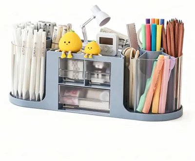 Produktbild von Drehbarer Stiftehalter, um 360° drehbarer Schreibtisch-Organizer mit 14 Fächern (blau)