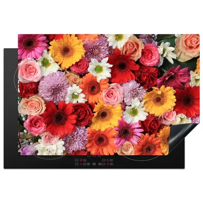 Produktbild von KitchenYeah© Herdabdeckplatte Blumen - Farben - Gerbera - Rosen , 78x52cm, Küche Deko, Glaskeramikkochfeld Herdabdeckung, Abdeckplatte fùr Kochfeld