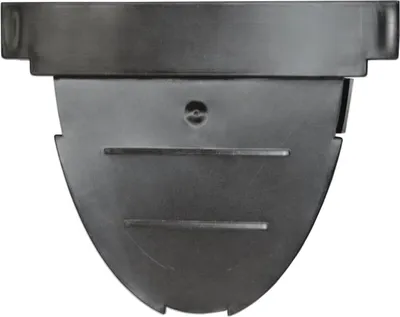 A close-up, front-facing view of a black drainage gutter end cap.