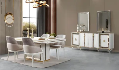 Immagine prodotto di Set da pranzo bianco Elegante tavolo da pranzo Sedie in tessuto Credenza 8 pezzi