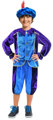 Productafbeelding van 3-delig Pietenpak Pietenkostuum Unisex - Blauw-Paars - Maat 4-6 jaar