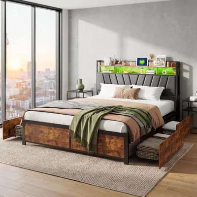 Produktbild von INONEFT Polsterbett 160x200cm mit USB und Steckdosen, 4 Schubladen, Jugendbett Doppelbett mit LED und Lattenrost, Stauraumbett Massivholzbett, Schwarz