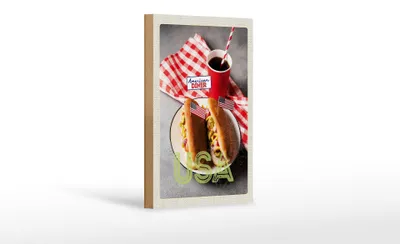 Produktbild von Holzschild Reise 12x18 cm Amerika USA Hot Dog Gurken Senf Cola
