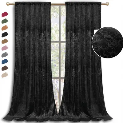 Produktbild von 2er Set Samtvorhang Kräuselband 132x274cm Prägemuster Gardinen Blickdichte Vorhänge Schöne Schwere Verdunklungsvorhang Wohnzimmer Schlafzimmer,Schwarz