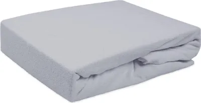 A folded light gray fitted sheet on a white background.