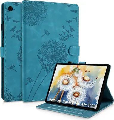 Image de Samsung Galaxy Tab A9 Plus Housse - Housse en cuir PU, fonction stand, fente pour carte, design pissenlit - Bleu