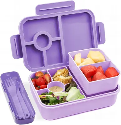 Produktbild von Kinder-Lunchbox 1300 ml, auslaufsichere Lunchbox mit 5 Fächern, Bento-Box für Kinder und Erwachsene, Snack-/Frühstücksbox für Mädchen und Jungen, BPA-frei, lila