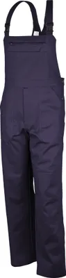 A full-body shot of a pair of navy blue bib overalls against a white background.