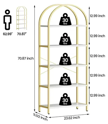 Obrázok produktu pre Knižnica – stojanová knižnica – 5 políc – kovový rám – oblúkový dizajn – moderný minimalistický štýl – do obývačky/kancelárie – zlatá
