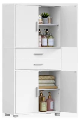 Produktbild von Badezimmerschrank, Hoher Badschrank mit verstellbaren Ablagen, Küchenschrank mit 4 Türen und 2 Schubladen, für Wohnzimmer und Badezimmer 30 x 60 x 125,5 cm Weiß