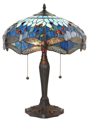 Obrázek produktu pro Stolní lampa DRAGONFLY BLUE s motivem vážek, vícebarevná, černá, 2xE27x20W, sklo, rozměry: 55,5x41x41 cm, IP20, Tiffany