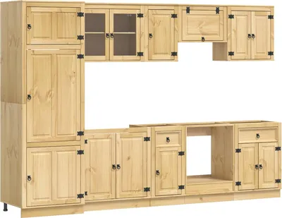 Imagen del producto de Cajonera con estanterías, modelo SKI, 9 piezas. Color miel. Madera de pino maciza