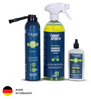 Produktbild von TUNAP SPORTS Kettenwachs Starter-Set | Fahrradreiniger 750 ml, Antriebsreiniger 300 ml, Kettenwachs Ultimate Tropfflasche 100 ml | Reinigung & Schmierung |  Germany