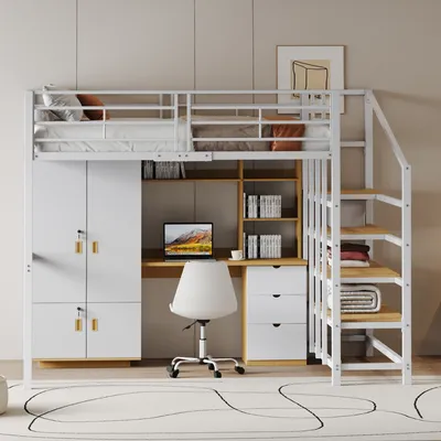 Produktbild von Hochbett mit Lattenrost, Treppe und Rausfallschutz, 140x200 cm, Metallbett, Kinderbett, Jugendbett