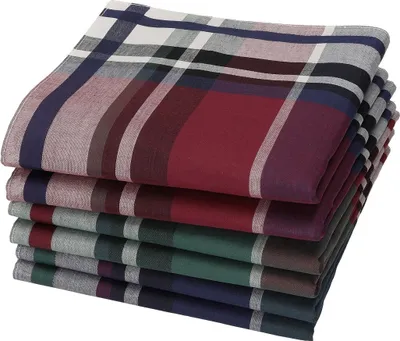 A stack of folded plaid handkerchiefs.