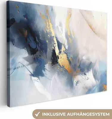 Produktbild von MuchoWow® - Leinwandbilder - Blau - Modern - Marmor - Abstrakt - Gold, Wandbild, Wanddeko Bilder Wohnzimmer, 80x60 cm