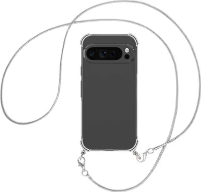Produktbild von Handykette Backcover-Schutzhülle mit Band (Metall silberfarben) für Google Pixel 9 Pro - silberfarbene Snake-Kette