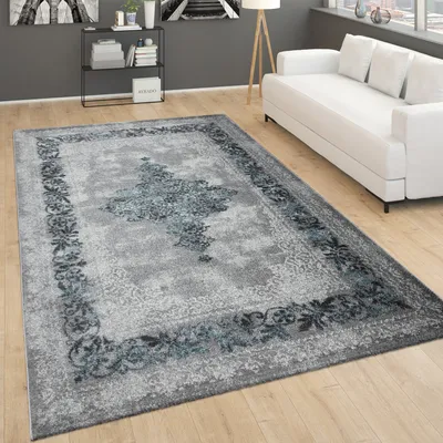 Immagine prodotto di Tappeto per soggiorno, pelo corto vintage con disegno orientale, grigio screziato e turchese, dimensioni 60x100 cm