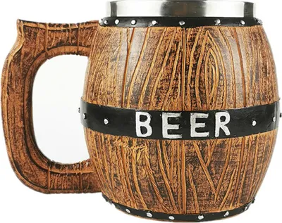 Produktbild von Handgefertigter Bierkrug aus Holz in Fassform, eimerförmiger Edelstahlbecher mit Henkel, Souvenir, handgefertigt, Retro, Braun