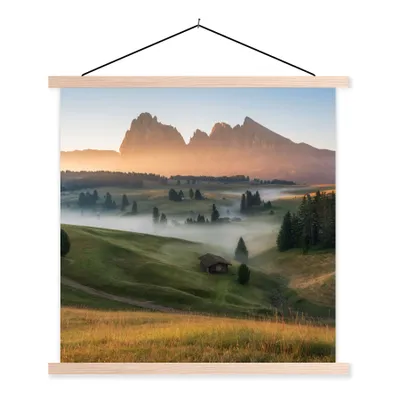 Produktbild von MuchoWow® Textilposter Berg - Nebel - Landschaft 60x60 cm mit holzfarbenen Rahmen - Wanddekoration