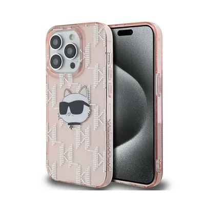 A pink iPhone 13 Pro case with a Choupette Head and Monogram design.