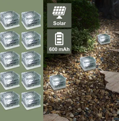 Image de Lot de 10 cubes en verre à LED solaires, capteur crépusculaire pour jardin, terrasse, piscine Eaxus
