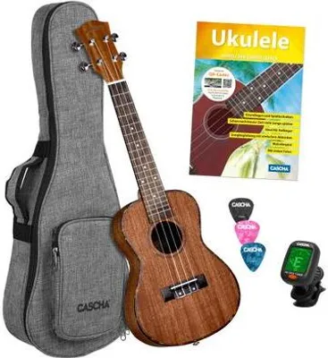 Obrázek produktu pro Sada koncertního ukulele z mahagonu (včetně 4 jazykových metod (DE/EN/FR/ES), polstrované tašky, 3 trsátek, ladičky)**