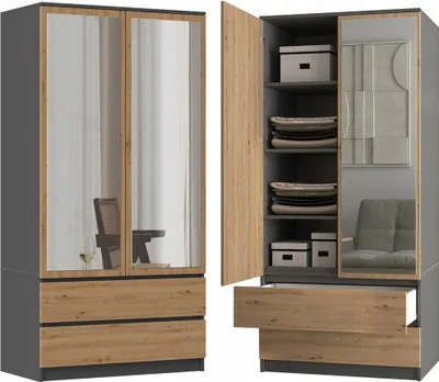 Obrázok produktu pre SS-90 Šatníková skriňa s 2 zrkadlami – šatníková skriňa s dverami TIP-ON | Farba: antracitová / Artisan Oak