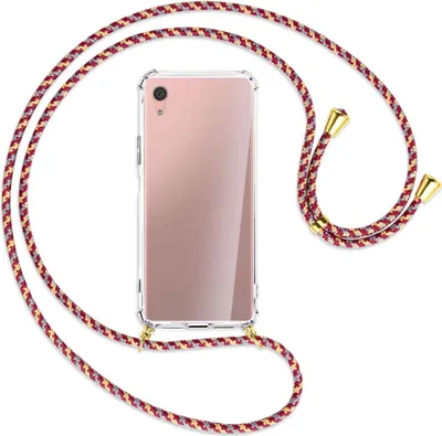 Produktbild von Handykette Backcover-Schutzhülle mit Band (Metall goldfarben) für Sony Xperia XA1 Plus - weinrot/gelb/grau