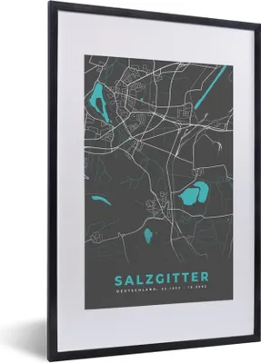 Produktbild von MuchoWow® Gerahmtes Poster Stadtplan - Karte - Salzgitter - Blau - Deutschland - Karte 40x60 cm - Poster mit Schwarzem Bilderrahmen Wandposter Rahmen Foto Bilder - Poster in Rahmen