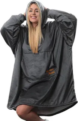 Produktbild von Unyqoos® Baleine Home Hoodie-Decke – Kuschel-Hoodie mit Flanell-Fleece innen & Sherpa-Fleece außen, Grau, One Size