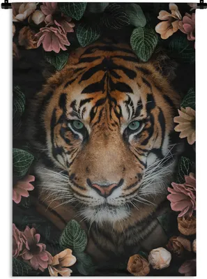 Produktbild von MuchoWow® Wandteppich Wandbehang Tiger - Blumen - Blätter 90x135 cm Tapisserie Dekoration Wandtuch - Baumwolle - Wandskulptur