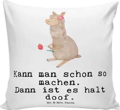 Produktbild von Mr. & Mrs. Panda couch kissen Alpaka Blume - Weiß - Geschenk, Lama, Couchkissen, zier, 40x40, Dekoration, bedruckt, Deko, Lamas