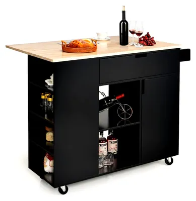 Produktbild von Küchenwagen mit ausziehbarer Arbeitsfläche, Servierwagen auf Rollen, Kücheninsel aus Holz, Küchenschrank mit Ablagen, Schublade und Gewürzregal, Küchentrolley für Küche und Esszimmer (Schwarz)